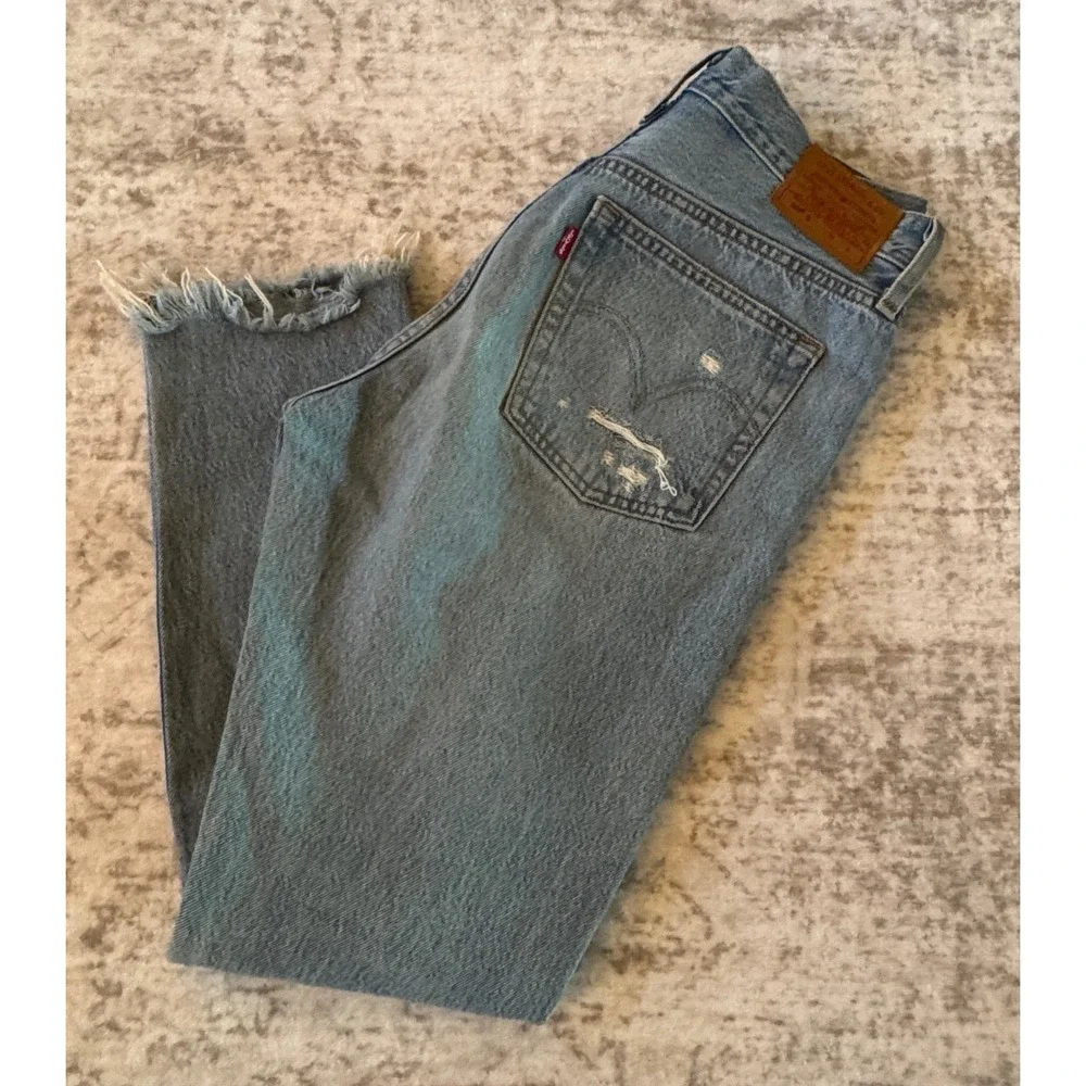 Levis 501 Skinny Distressed High Rise Button Fly Jeans Medium Wash Denim Size 27 - Picture 13 of 13